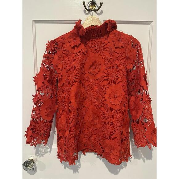 Tuckernuck Faye Red Guipure Lace Ruffle Tie Neck Top NWT Extra Small Sold Out - Picture 4 of 5